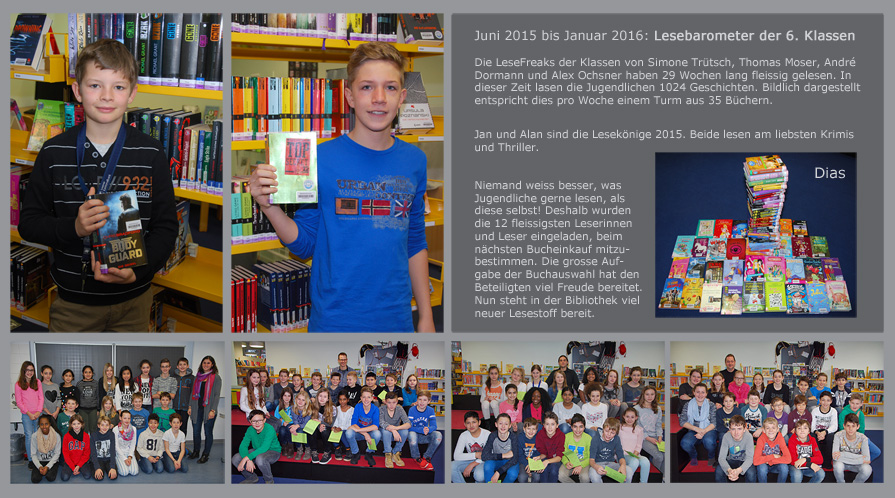 Von Juni 2017 bis Januar 2018 haben die Klassen von 
Simone Tr�tsch,Andy Dormann, Thomas Moser und Alex Ochsner intensiv gelesen. Die gr�ssten Leseratten aus den vier 6. Klassen durften in Begleitung der Bibliothekarinnen neuen Lesestoff einkaufen. Ihre Favoriten wartennun in der Bibliothek auf viele neue Leserinnen und Leser.